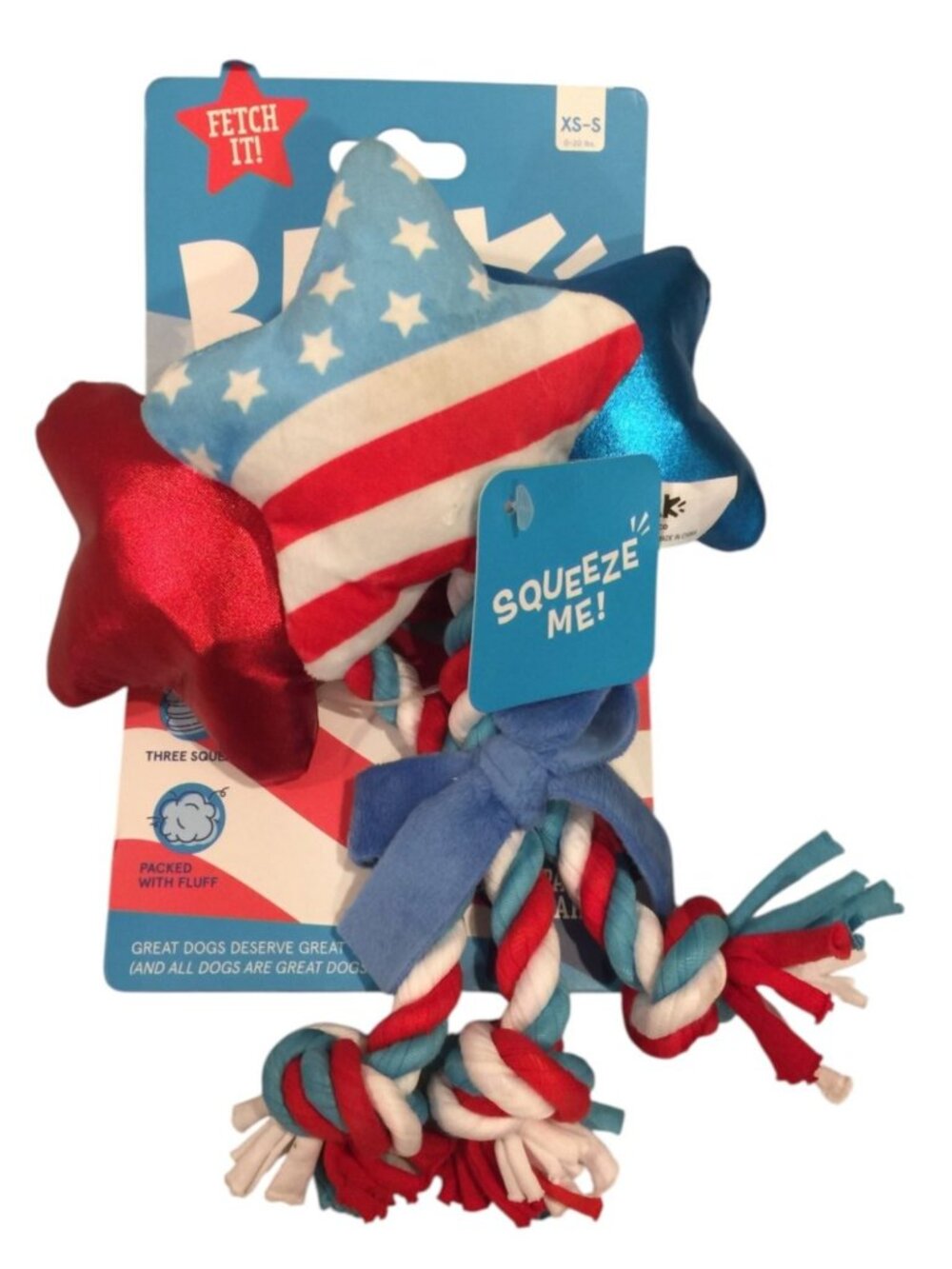 Bark Yankee Doodle Dog Star-Spangled Squeaks 9 1/2" Plush Squeak Crinkle Dog Toy
